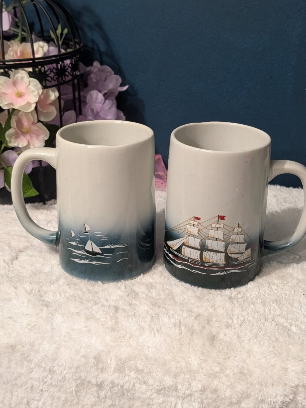 Vintage Nautical Ceramic Mugs Pair Blue Ombre Sailboat Japan Otagiri Style